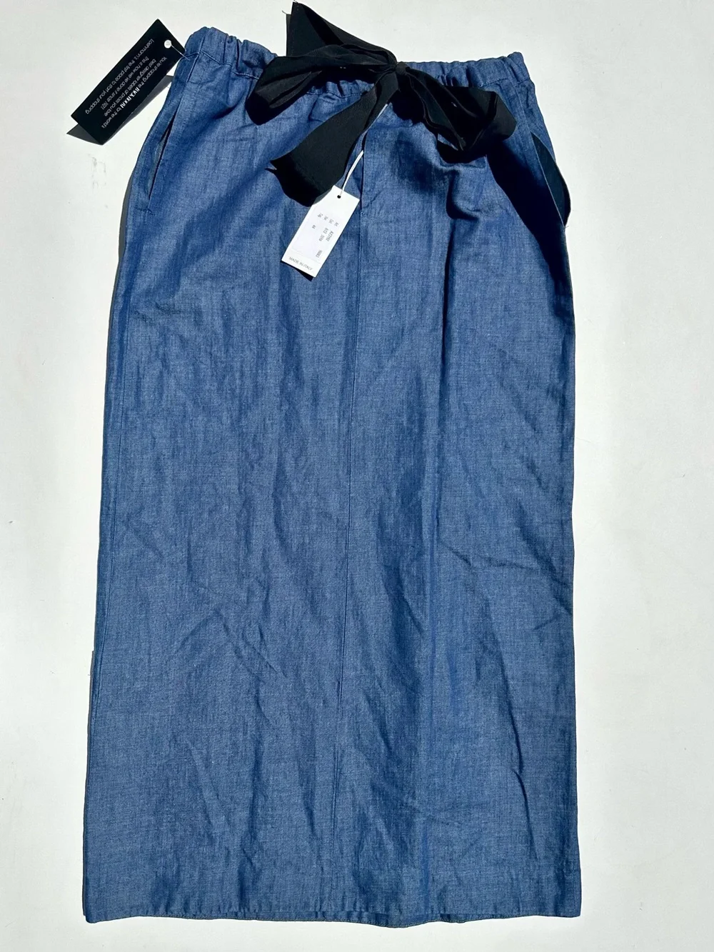 Pier Antonio Gaspari Blue Denim Midi Skirt Black Grosgrain Ribbon Waist Tie 44 8